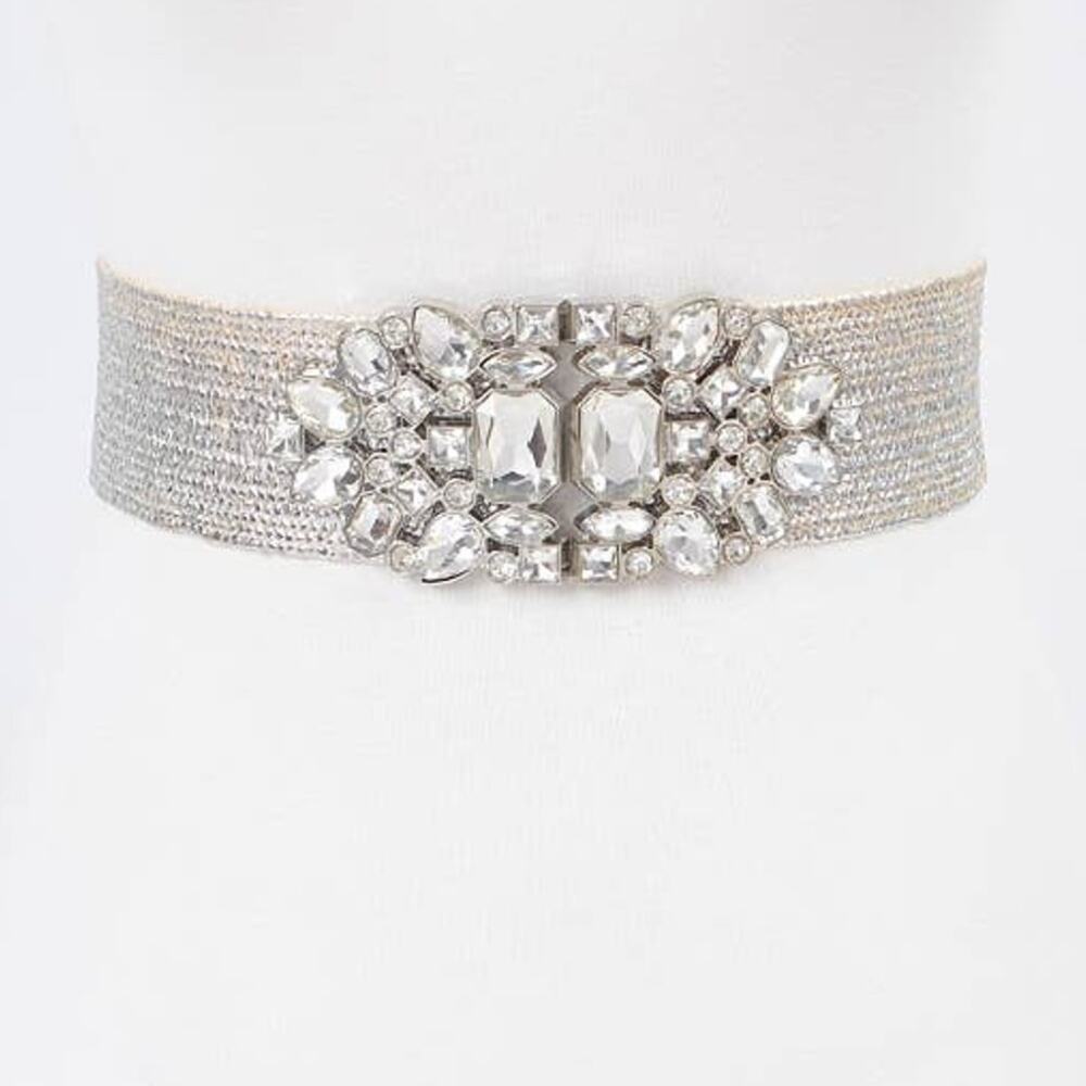 Rhinestone Straw Stretch Belt – Silver